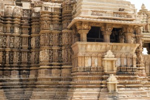 Stone carved erotic sculptures in Hindu temple in Khajuraho, Madhya Pradesh, India