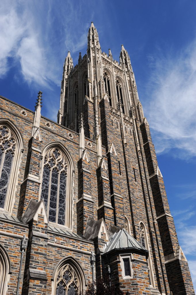low angle view on the church tower in Duke University